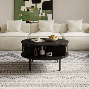 31" Round Wood Fluted Coffee Table with Storage, Mid-Century Modern, with Sliding Doors, Black Color, 3 Cabinets, for Living Room