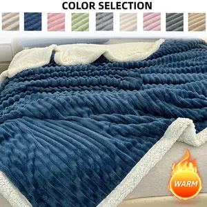 Plush Soft Lamb Fur Blanket, King Queen Size, Reversible Double Layer Striped, No Shedding, Perfect for Nap Blanket