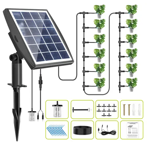 Solar Drip Irrigation Kit with Solar Panel - Garden Accessories, 10-Pot Coverage, Auto Watering Equipment, Bucket-Fed Supply, DIY Layout, Hose, 5min Cycle, Low-Water Alarm, Ideal for Busy Plant Lovers (Deck Compatible)
