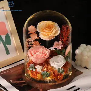 ETERNAL BLOOM CERENOMY Preserved Flowers in Crystal Glass Dome, Handcrafted Decorative Piece - Spring Awakening-3 Lives 3 Worlds Collection, 3 Lifetimes Anniversary Gift for Home & Festive Occasions, Spring Awakening-Three Lives Three Worlds, Three Lifeti