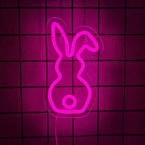 Novelty Rabbit Neon Sign Art Wall Lights for Business Bunny Neon Light Bar Club Bedroom USB Powered for Bedroom Children's Room Rabbit Decoration Easter Gifts For Kids Wedding Birthday Party