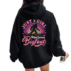 Funny Bigfoot Lover Hoodie – “Just a Girl Who Loves Bigfoot” Retro Sunset Graphic Sweatshirt, Cute Sasquatch Design, Cozy Casual Pullover, Perfect Gift for Women Who Love Cryptids