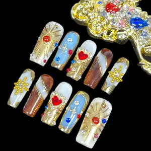 BByogooz Handmade Press On Nails Middle/Long Square Luxury Acrylic Fake Nails - Vintage Red Heart & Diamond Gold Salon False Nails, 3D Press Ons Gift for Women