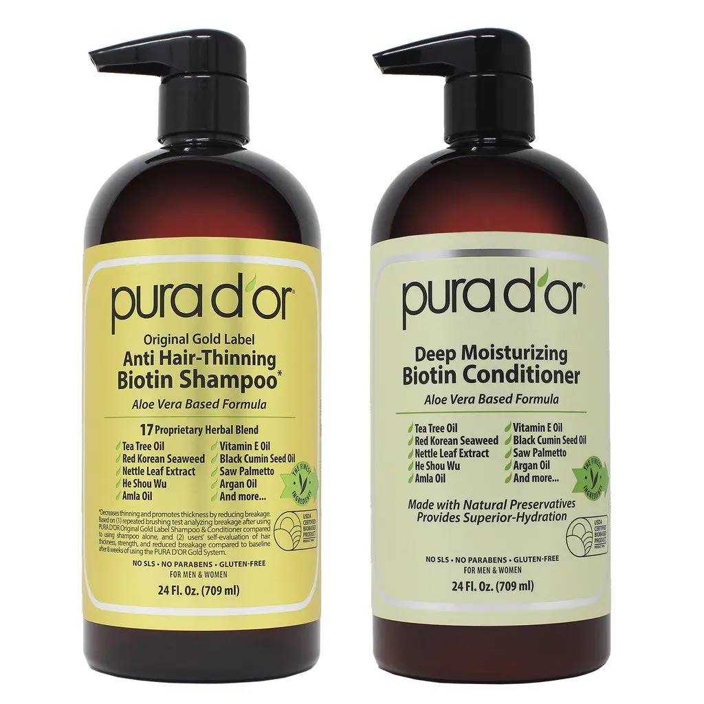 PURA D’OR Original Gold Label Shampoo & Deep Moisturizing Conditioner Setx2 24oz (709ml) – Anti Hair Thinning Biotin Shampoo for Thinning & Breakage, Aloe Vera Sulfate Free Hair Care