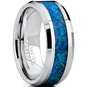 Men's 8MM Tungsten Carbide Wedding Band Ring With Blue Green Simulated Opal Inlay 8MM