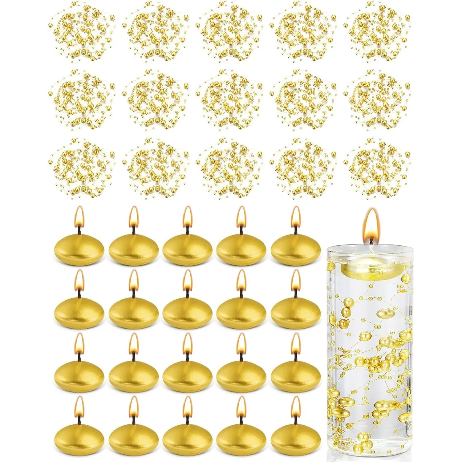 40-Piece Gold Floating Candle & Pearl String Set: 20 Unscented Wax Tealights (1.5 inches), 20 Faux Pearl Chains (4.4ft), Elegant Vase Filler for Wedding Centerpieces, Gala Dinners Decor