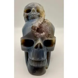Blue Chalcedony Skull Carving with Violet Amethyst to Golden Citrine Geode, a Polished 5.5" Crystal Collectible for Transformation and Clarity