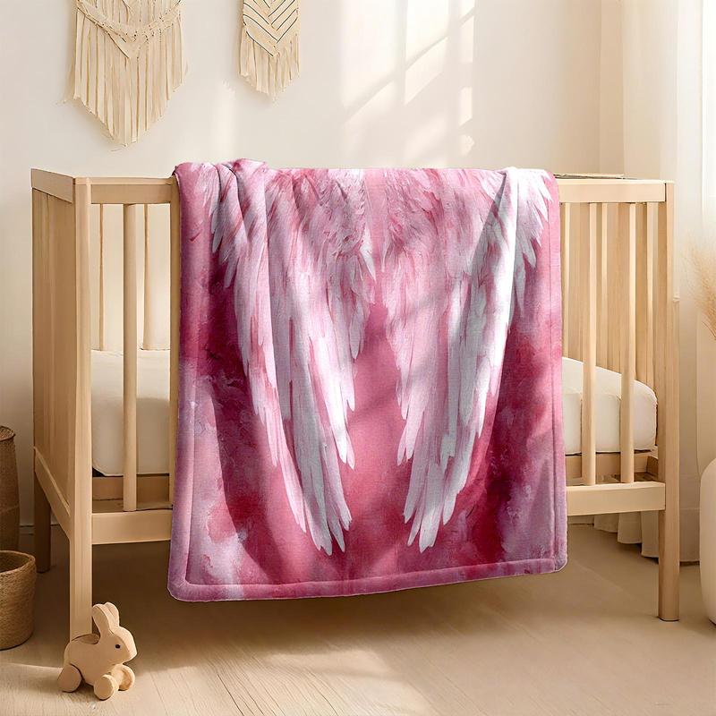 1 piece Pink angel wings with a beautiful artistic conception themed flannel blanket - Oversized fluffy warm sofa blanket, suitable for beds and sofas, modern geometric pattern design, all-season use, digital printing, 100% polyester material