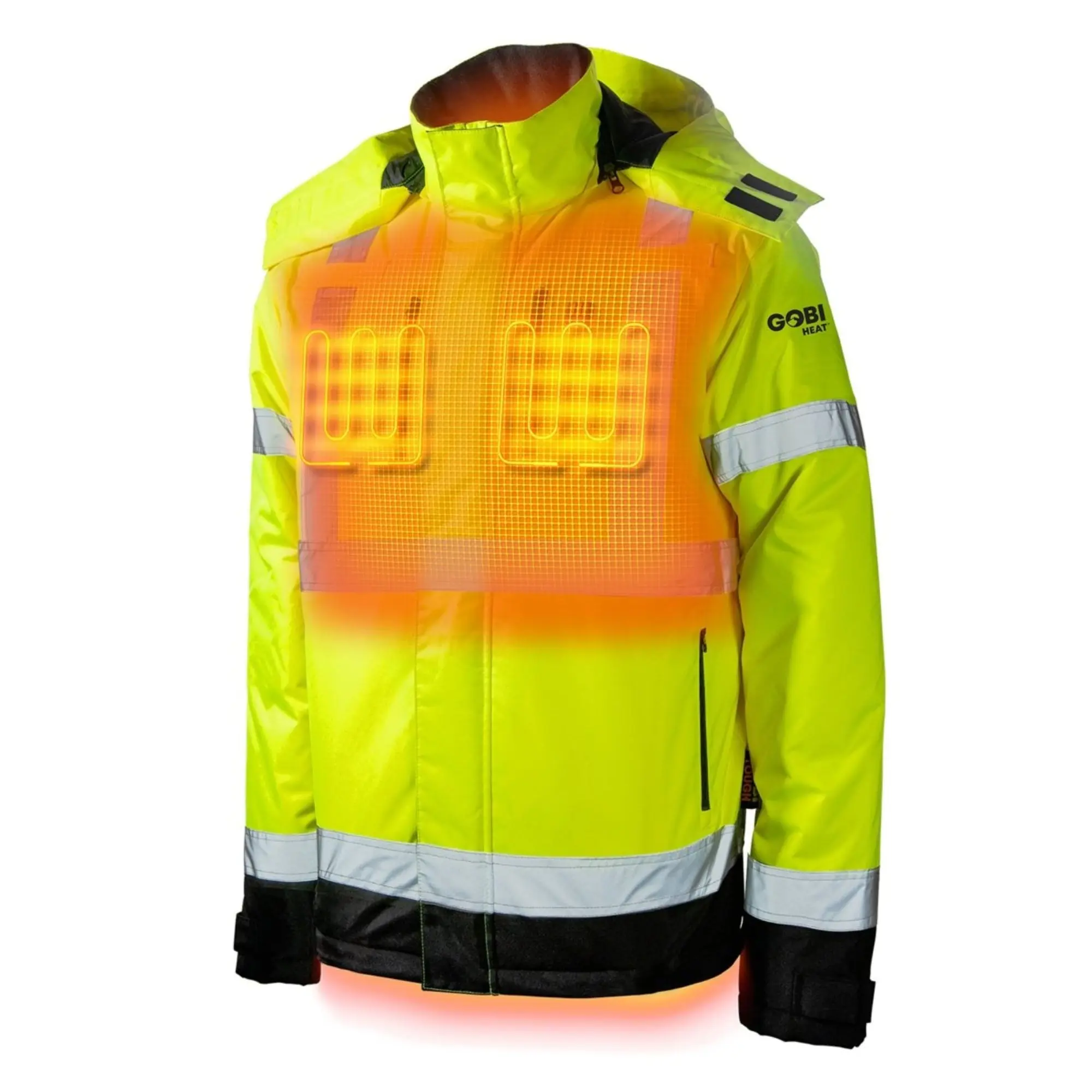 Flash Heated Hi Vis Jacket - Yellow with Reflective Features, Zipper Closure, Pockets, Polyester Material, Casual Men's Coat