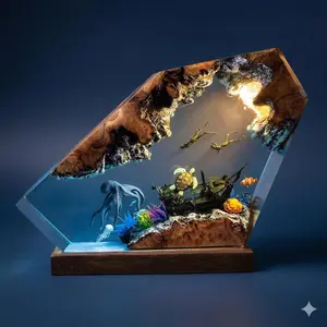 Ocean Resin Lamp – Adjustable Dimmable USB RGB Night Light, Handmade Marine Art Decor for Bedroom & Bedside, Ocean Gift for Him & Her, Scuba Diving & Marine Biology Lovers