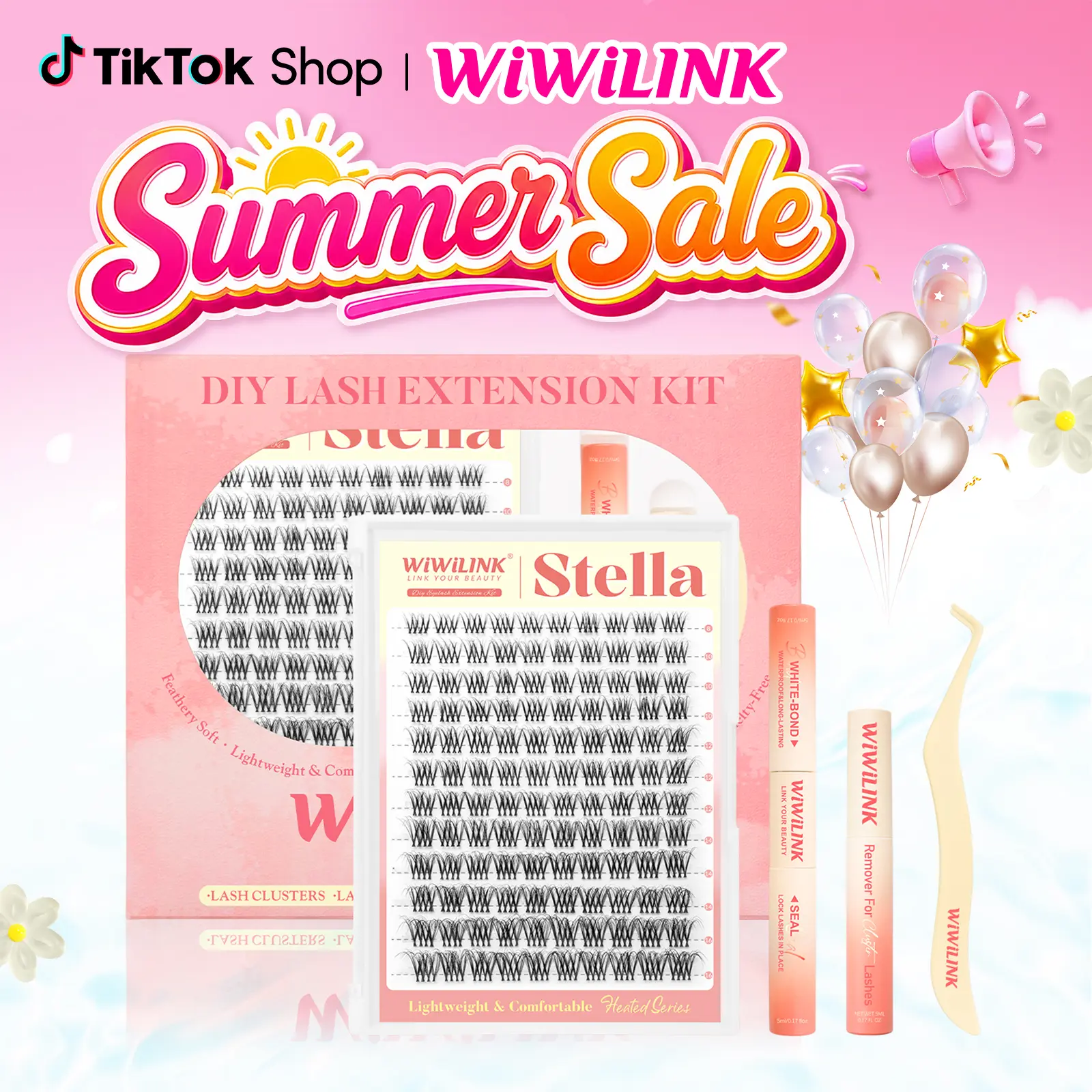 WiWiLINK Stella 3D Cluster Lashes - DIY Lash Extension Kit Ultra-Thin Transparent Bands, C/D Curl, 8-16mm (Includes Bond, Seal & Remover)