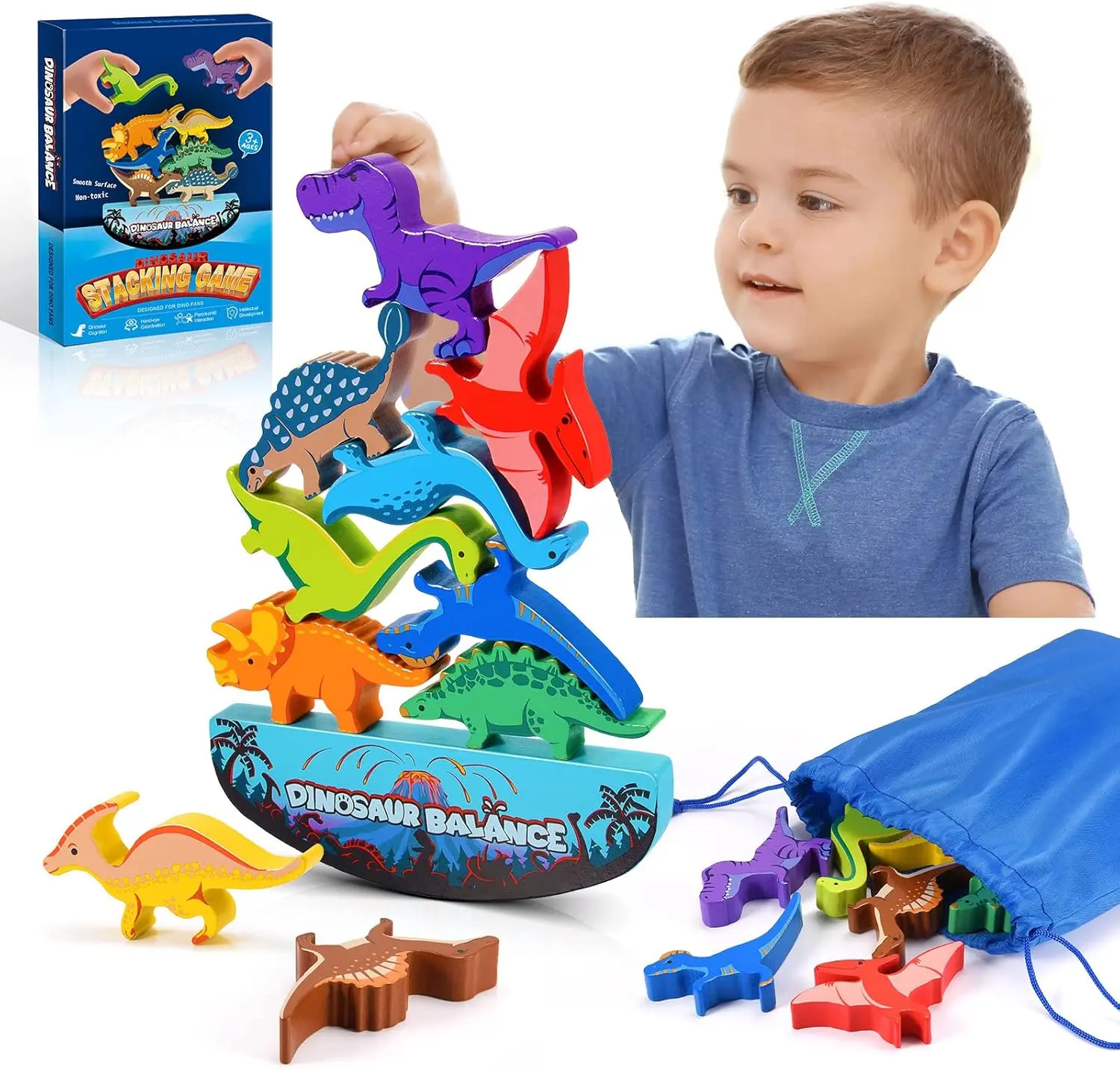 Dinosaur Toys for Kids 3‑8 | Wooden Stacking Montessori Dino Blocks | Educational Preschool Toy & Christmas Gift for Kids, Boys & Girls Ages 3–8