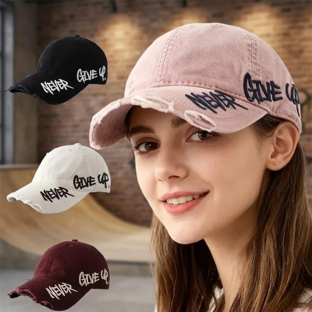 Distressed Washed Baseball Cap Luxury Grunge Frayed Denim Dad Hat, Never Give Up Side Embroidery Curved Brim Vintage Sun Aesthetic Sport Cap for Men Women