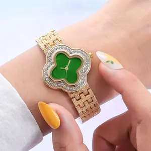 Hifive Watches Vintage Ladies Four Leaf Clover Gold Diamond Quartz Watches for Women, Luxury Orologio Donna Model