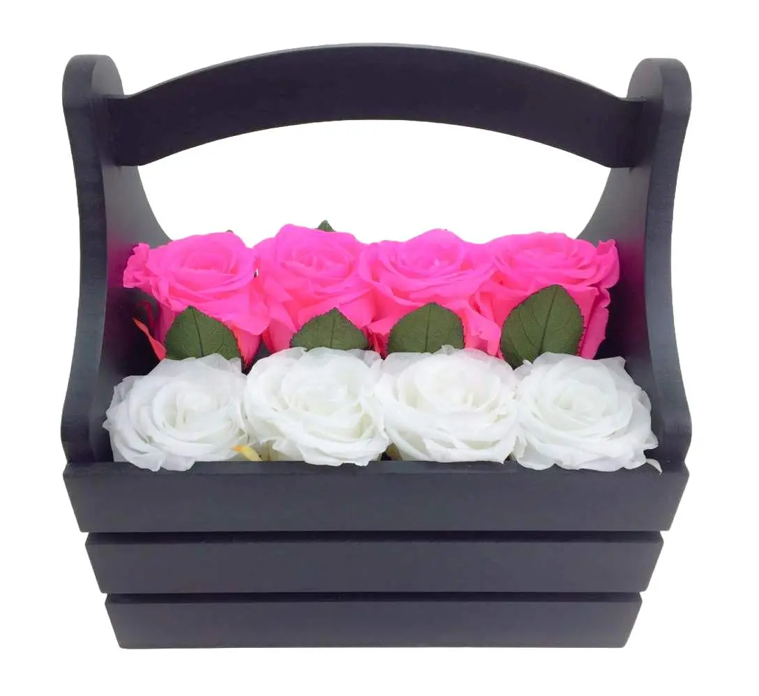 Black Basket Wooden Box / 8 Large White Roses + 4 Large Pink Roses / Eternal Fresh Flower