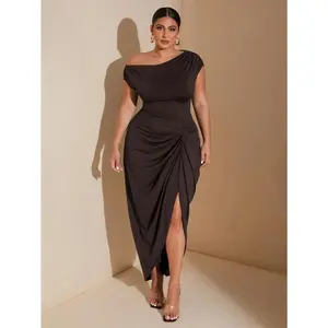 BAE Plus Size Women's Autumn And Winter Fashion Big Women Elegant Date Party Black Stretch Knit Comfort Gathered Details Off-Shoulder Draped Dress Asymmetric Hem Slit Midi Dress Fit Formal Sleeve Womenswear Brown Fabric Workwear  Minimalist Sleeveless