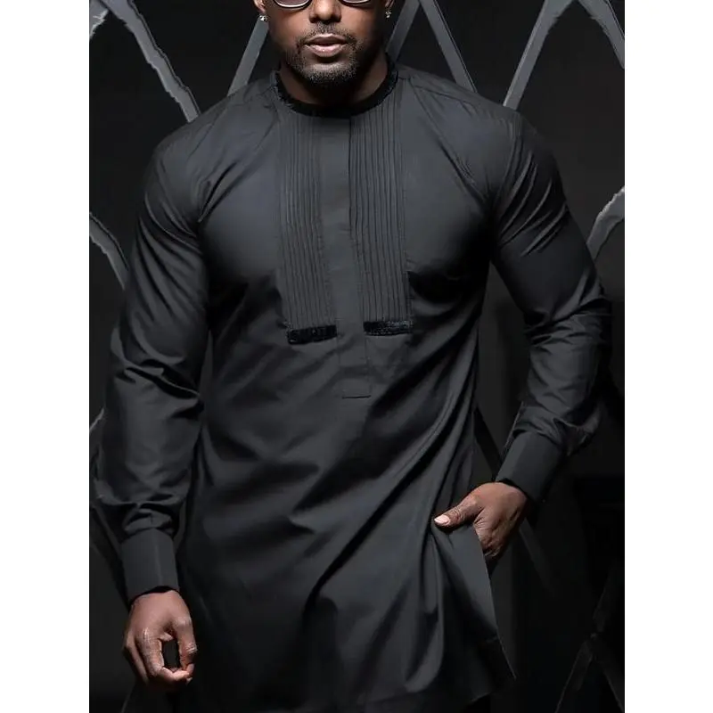 2 pcs-set Menswear, Crewneck Shirt and Drawstring Trousers For Dates, Street, Party, Cool and Casual Look, Chest Pleats Design, Overall Black, Flattering Fit for Any Body Type, Complete Look Ready to Wear Anytime