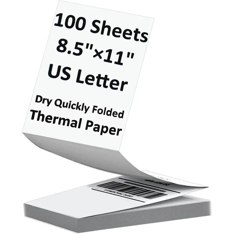 100 Sheets  Letter Size Thermal Paper, 8.5 x 11 Inch Thermal Printer Paper for M08F/A40 Thermal Portable Printer, Continual Feeding Folded Printing Paper