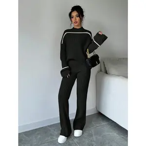 Solid Color Patchwork Zipper Collar Long Sleeve Top and Pants Set