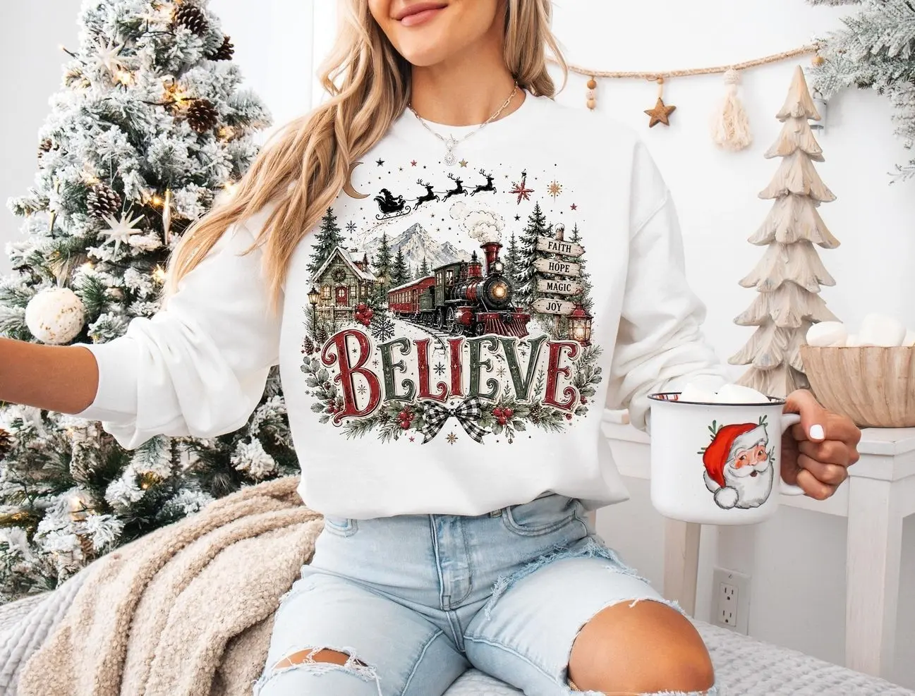 Believe Christmas Express Train Sweatshirt, Retro Polar Express Steam Train Sweatshirt, Wonderland Santa Graphic Tee, Nostalgic Winter Holiday Party Apparel, Vintage Magical Christmas Train Outfit, Cute Holiday Express Gift for Women & Men