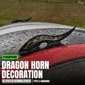 Pack of 2 Cyberpunk Dragon Horn Car Decoration- 32 LED Modes, Type-C Rechargeable 16Hrs, Easy Install Accessory