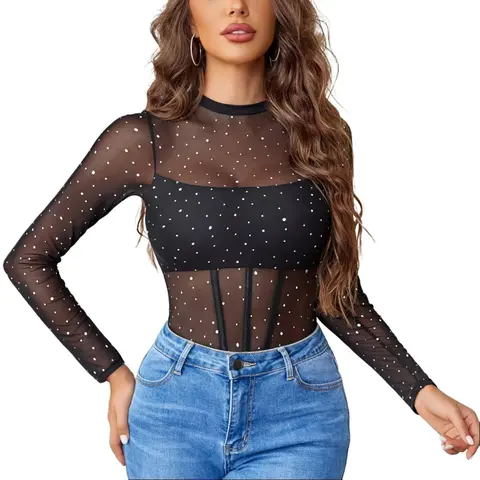 Avidlove Women Mesh Bodysuit Lingerie Mock Neck Long Sleeve Sheer Rhinestone Going Out Top