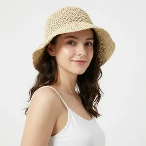 Womens Floppy Beach Straw Hats Wide Brim Crotchet Sun Hat Foldable Packable Summer Outdoor Vacation Travel Straw Hat