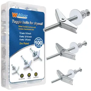 weideer 100Pcs Toggle Bolts 1/8" 3/16" 1/4"  Drywall Anchors and Screws Assortment Set Toggle Bolts and Wing Nut Kit with Nuts washers (25sets) K-136