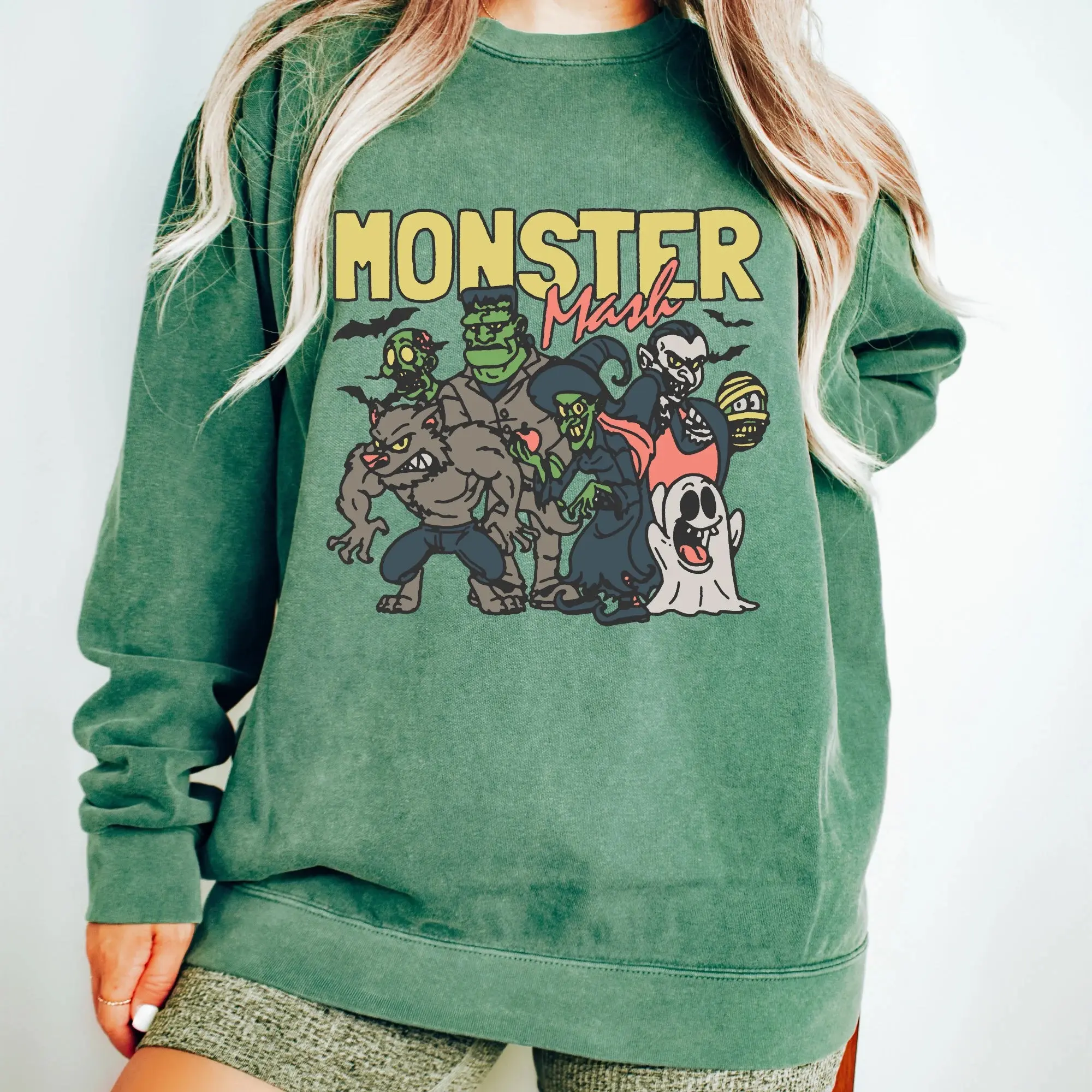 Monster Mash Graphic Sweatshirt | Fun Halloween Pullover with Classic Monsters | Cozy Fall Apparel | Soft Cotton Blend | Perfect for Spooky Season and Everyday Wear | Durable and Machine Washable