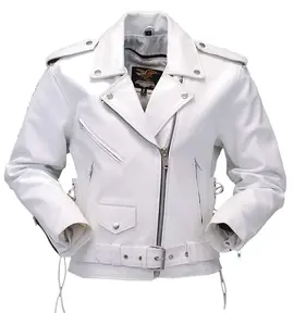 JAMIN LEATHER® Women's White Leather Motorcycle Jacket w/Side Lace #L6027LW - Fitted, Long Sleeve, Zip Out Lining, Snap Down Collar, Zip Front Pockets, Premium Cowhide Leather, Exclusive Brand