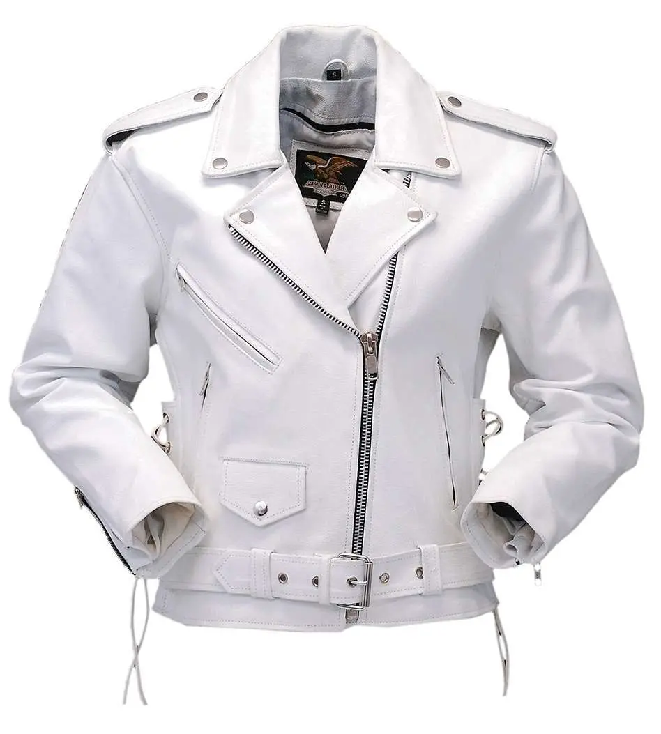 JAMIN LEATHER® Women's White Leather Motorcycle Jacket w/Side Lace #L6027LW - Fitted, Long Sleeve, Zip Out Lining, Snap Down Collar, Zip Front Pockets, Premium Cowhide Leather, Exclusive Brand