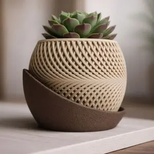 Aureline Planter 3D Printed Indoor Planter Pot with Drip Tray Brown Small Desk Shelf Decor Modern Sculptural Design for Succulents Cacti and Faux Greenery