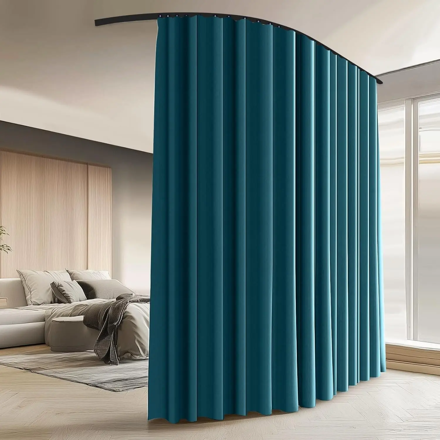 Room Divider Curtains with Ceiling Curtain Track Set Window Curtain for Bedroom,Living Room Total Blackout Thermal Insulated Privacy Ceiling Track Curtain W 15 × H 9 FT Azure Blue drape&Black track