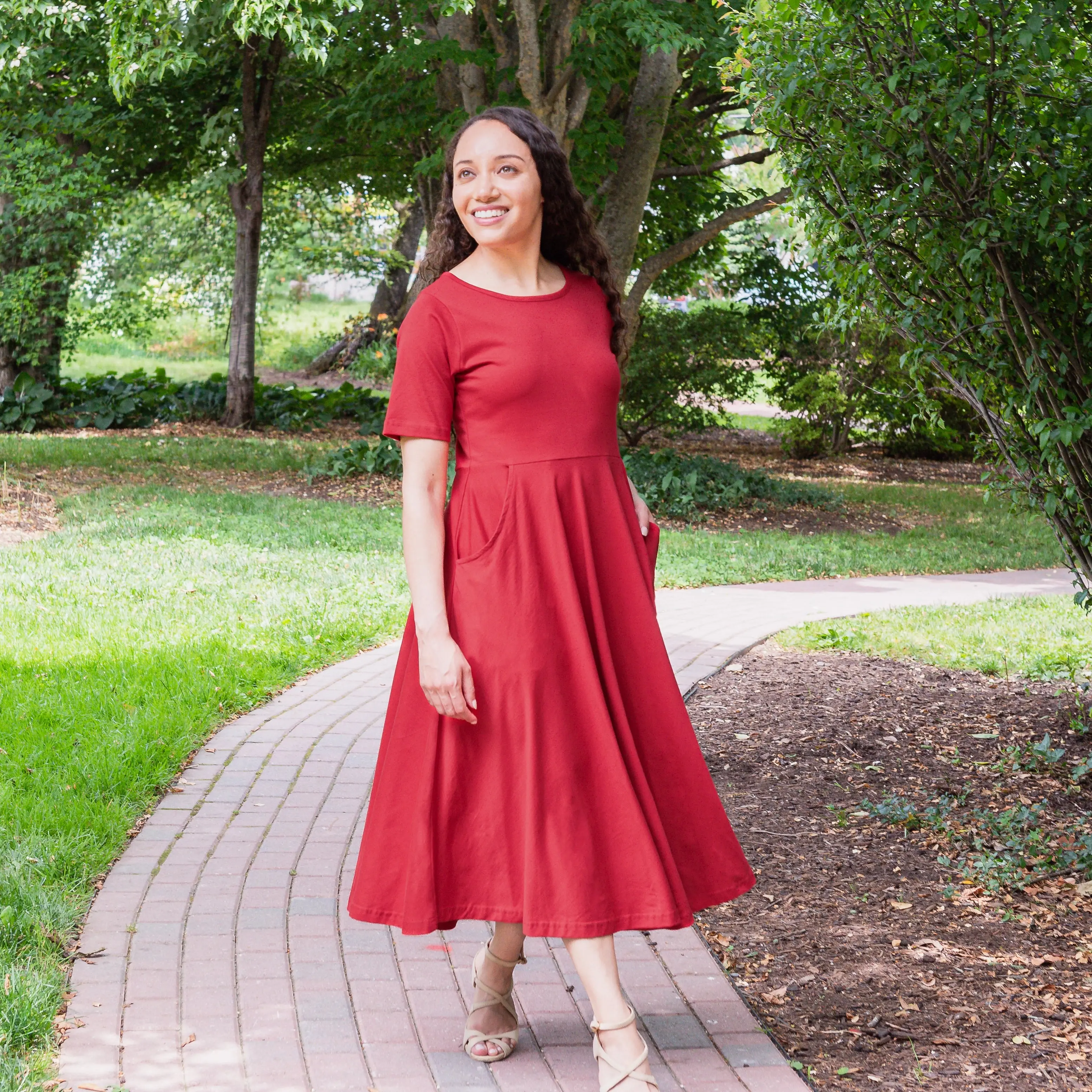 Lava Falls Red Petite Midi Twirl Dress with Pockets