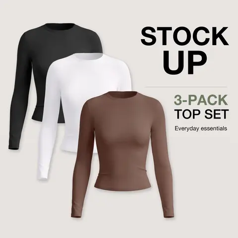 PUMIEY Women's 3-Pack Minimalist Longsleeves Round Neck Basic Shirt - Smoke Cloud Streetwear Top, Breathable Fabric for Summer (Live Only), Basic Tops