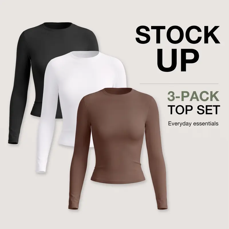 PUMIEY Women's 3-Pack Minimalist Longsleeves Round Neck Basic Shirt - Smoke Cloud Streetwear Top, Breathable Fabric for Summer (Live Only), Basic Tops