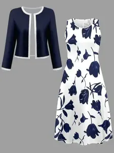 Women's Spring Autumn Fashion Dress Set, Stylish Patchwork Long Sleeve Cardigan Jacket + Floral Print Sleeveless Dress Womenswear