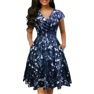 [KnitConstruction]ElegantFloralMidiDressforWomenwithPockets-ChicV-Neck&FlutterSleeves,StretchyPolyesterBlend,MachineWashable,PerfectforSpring/Summer