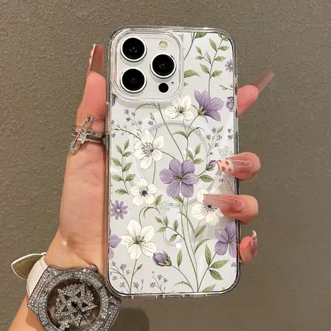 MagSafe Compatible Soft Girl Magnetic iPhone Case for 11/12/13/14/15/16/17-Pro Max, Purple White Floral, Lightweight, Shockproof, Drop-Resistant, Cute Phone Accessories for Teen Girls’ Devices
