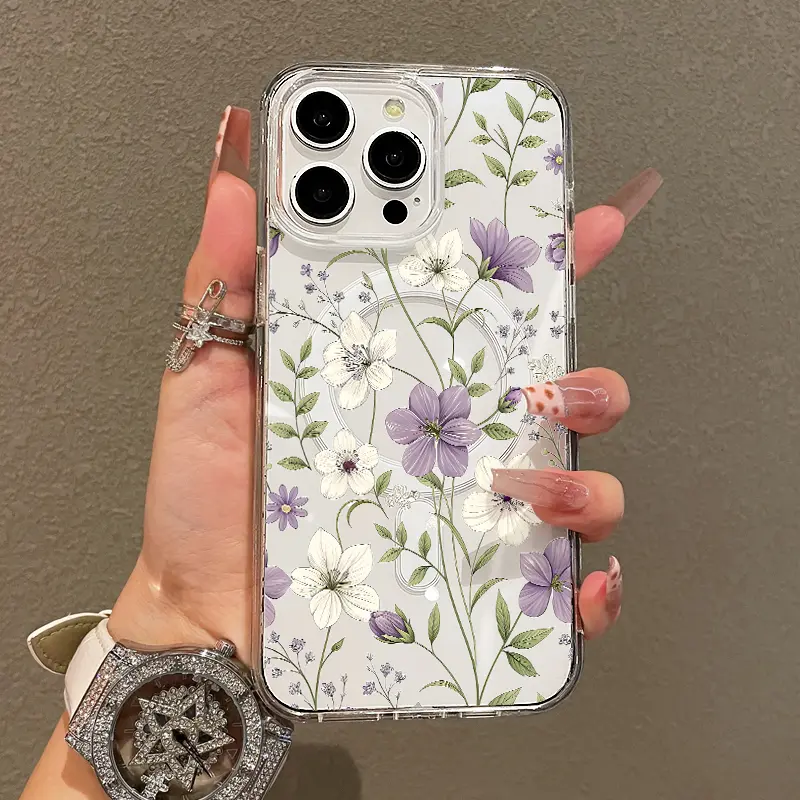 Soft Girl Magnetic Smartphone Case for iPhone 11/12/13/14/15/16/17-Pro Max, Purple White Floral, Lightweight, Drop-Proof, MagSafe Compatible, Handheld Cellphone Protection for Teen Girls’ Devices, Casing