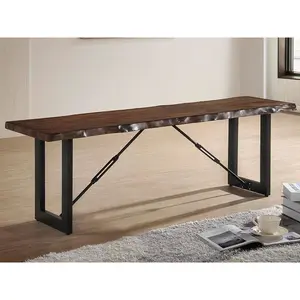 24/7 Shop At Home Mass Industrial Walnut Wood Live Edge Dining Bench with Metal U-Shaped Legs for Dining Room, Kitchen, Living Room, Home Bar Area