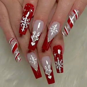 Press on Nails - Long Coffin Fake Nails with Red French Tip, Acrylic Xmas Snowflake Design 24 pcs