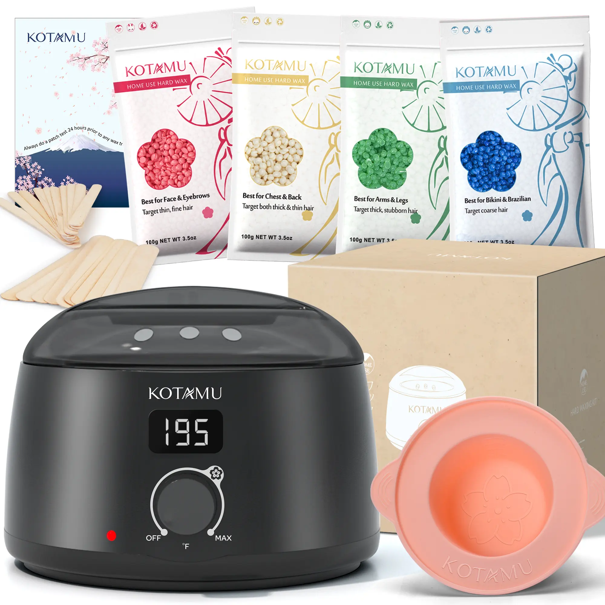 KOTAMU Hard Wax Kit with Digital Control Warmer, All-in-1 Wax Hair Removal System with Silicone Bowl for Sensitive Skin, Face & Body, Waxing, Body Care