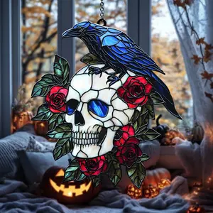 Raven With Skull Acrylic Suncatcher Raven Skeleton Window Hangings Skeleton Halloween Home Gothic Crow Housewarming Gift, Home  Ornaments Hangable