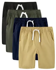 Boys Khaki Cotton Shorts,4 Pack Elastic Waist Drawstring Shorts with Pockets 4-16 Years
