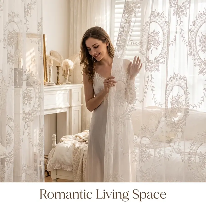 2PCS Traditional French-Style White Embroidered Flower Lace Gauze Curtains - Breathable Transparent Thin Pole-Pocket Home Decor Items for Natural Light Enhancement, Living Room, Bedroom Decoration