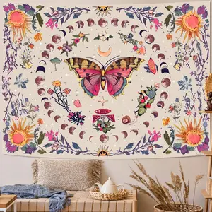 Sun and Moon Tapestry Vintage Bohemian Wall Hanging with Butterflies and Flowers, Moon Fantasy Full-Print Scroll Tapestry Wall Hanging, Wall Backdrop. Suitable for Home, Office, Indoor/Outdoor Decoration, Large Wall Decor Props, Party Supplies
