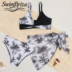 Briza｜Girls Padded Triangle Bikini Set Black White Palm Print High Waisted 3 Piece Swimsuit with Tie Skirt Cover Up, Two-Piece Bathing Suit for Beach Pool Vacation Summer Swimwear Kids, Girls Swimwear, Kids Bathing Suit, Two Piece Bathing Suit