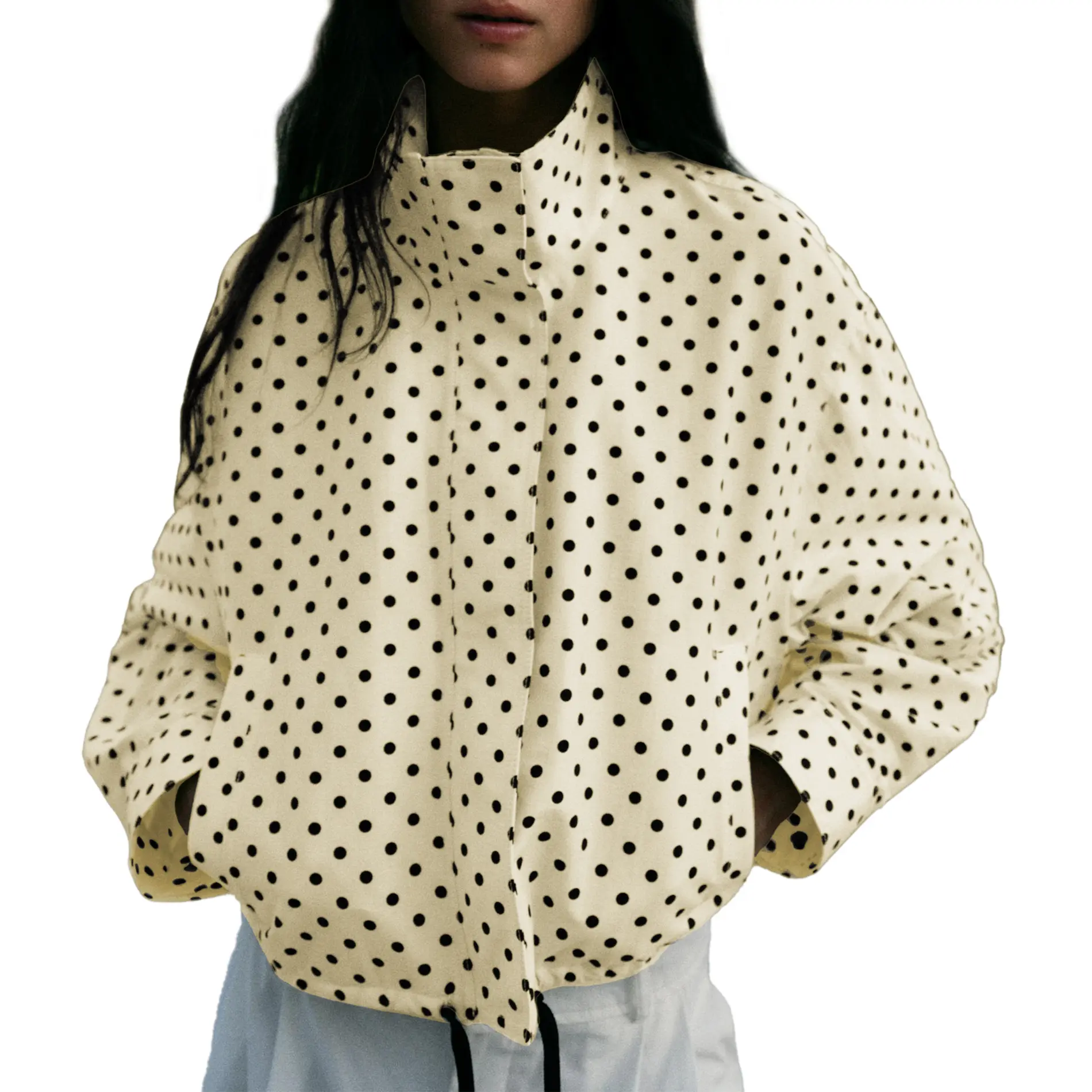 Hixiaohe Women's Cute Polka Dot High Neck Pilot Jacket - Long Sleeve Lightweight Zip-Up Cropped Outerwear with Hidden Buttons & Pockets, Casual Fashion Apparel