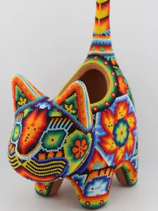 Handmade Handcrafted Huichol Wixarica Multicolor Kitty Cat Pot